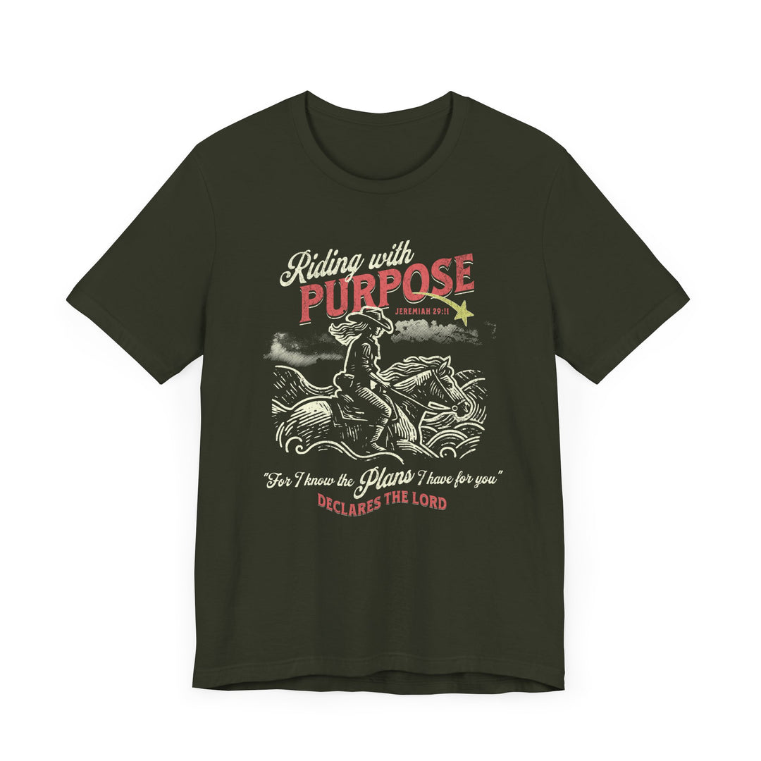 Riding for a Purpose Tee: Green t-shirt featuring a cowboy riding a horse graphic, made from soft cotton with a classic unisex fit.