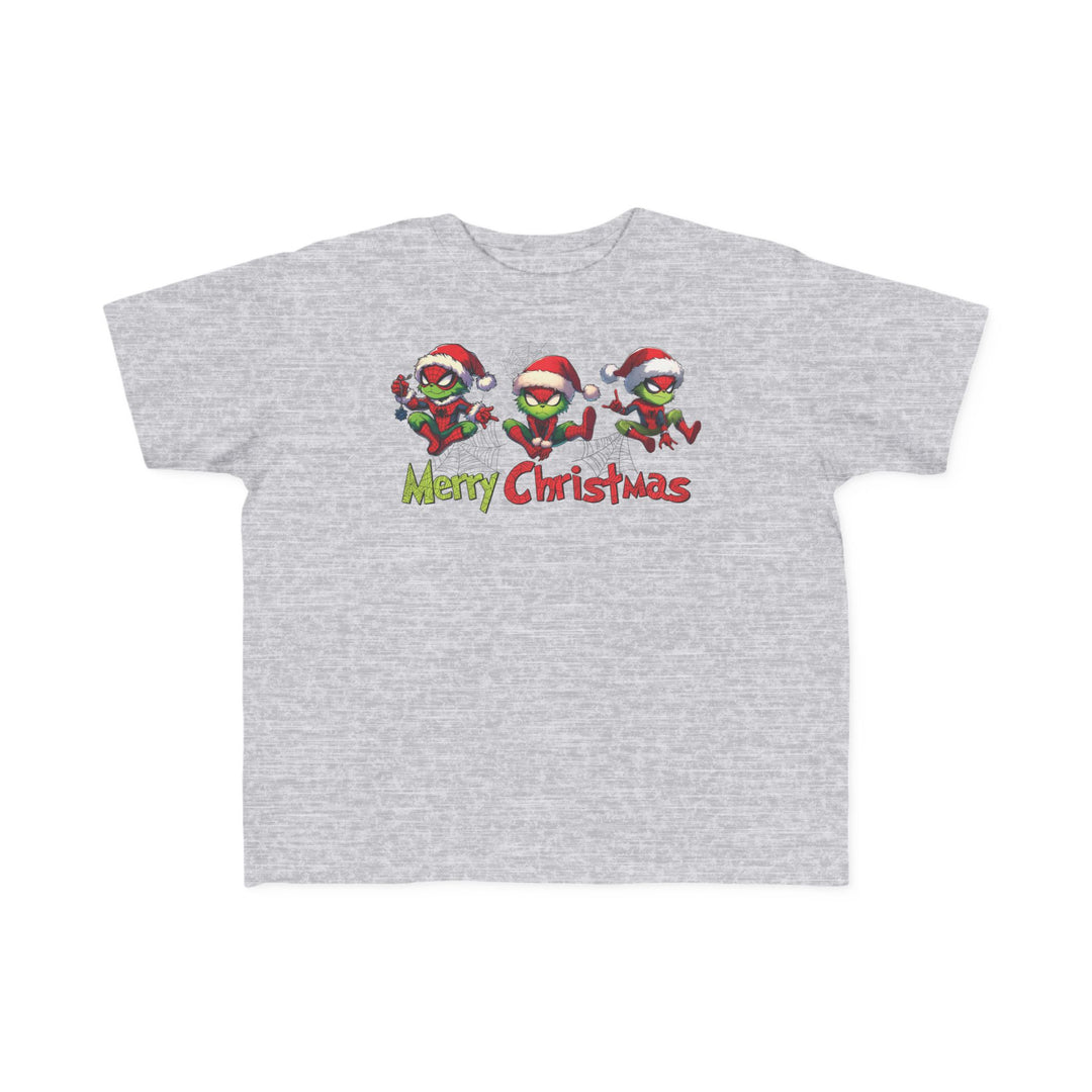 Spider Toddler Tee featuring festive cartoon spiders in Santa attire on a light-gray T-shirt, perfect for toddlers with soft cotton material and durable print.