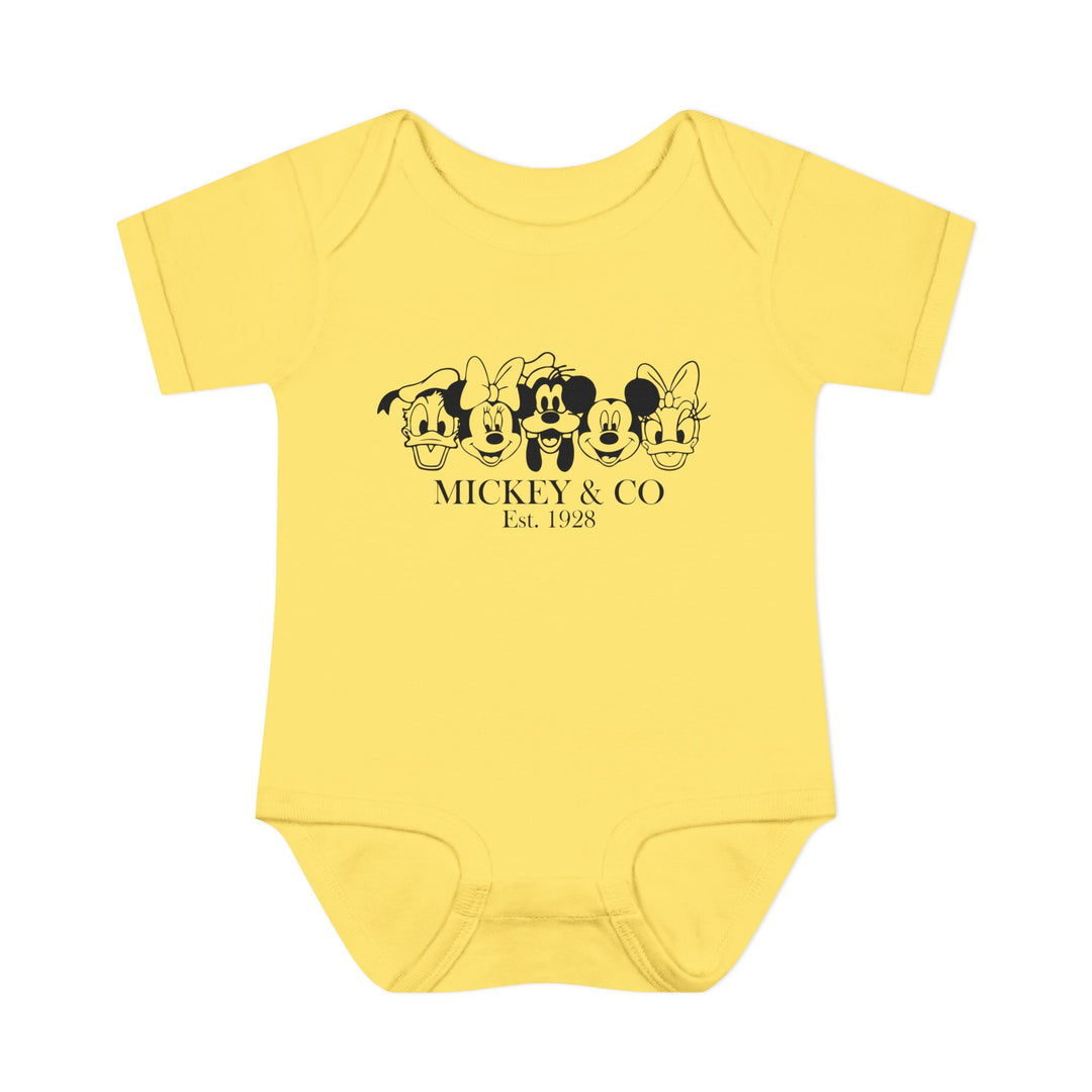Mickey and CO Onesie features a soft, ring-spun cotton design with lap shoulders, ensuring comfort for infants. Ideal for easy dressing and movement.
