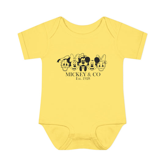 Mickey and CO Onesie features a soft, ring-spun cotton design with lap shoulders, ensuring comfort for infants. Ideal for easy dressing and movement.