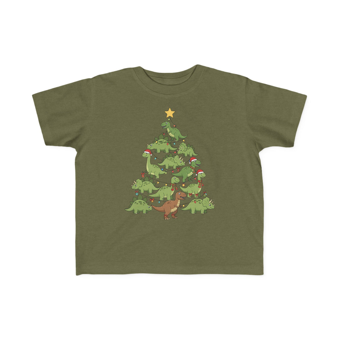 Dino Tree Toddler Tee featuring cartoon dinosaurs stacked as a Christmas tree, adorned with lights, ornaments, scarves, and a gold star on an olive-green T-shirt.