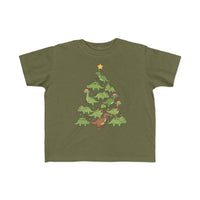 Dino Tree Toddler Tee featuring cartoon dinosaurs stacked as a Christmas tree, adorned with lights, ornaments, scarves, and a gold star on an olive-green T-shirt.