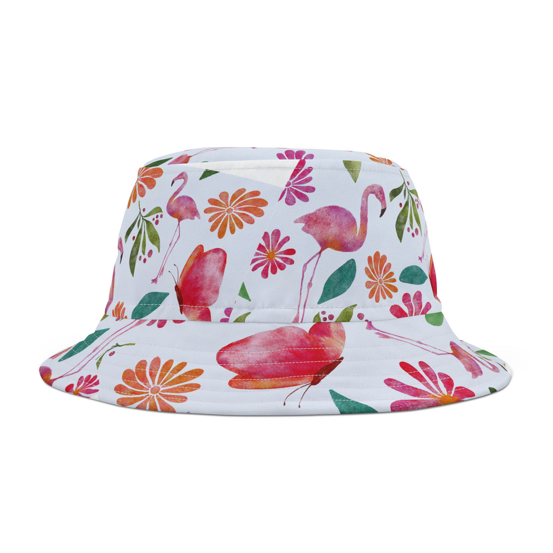 Flamingo Bucket Hat: A customizable, modern hat with a classic design, available in two sizes, featuring seam options and made from 100% polyester.