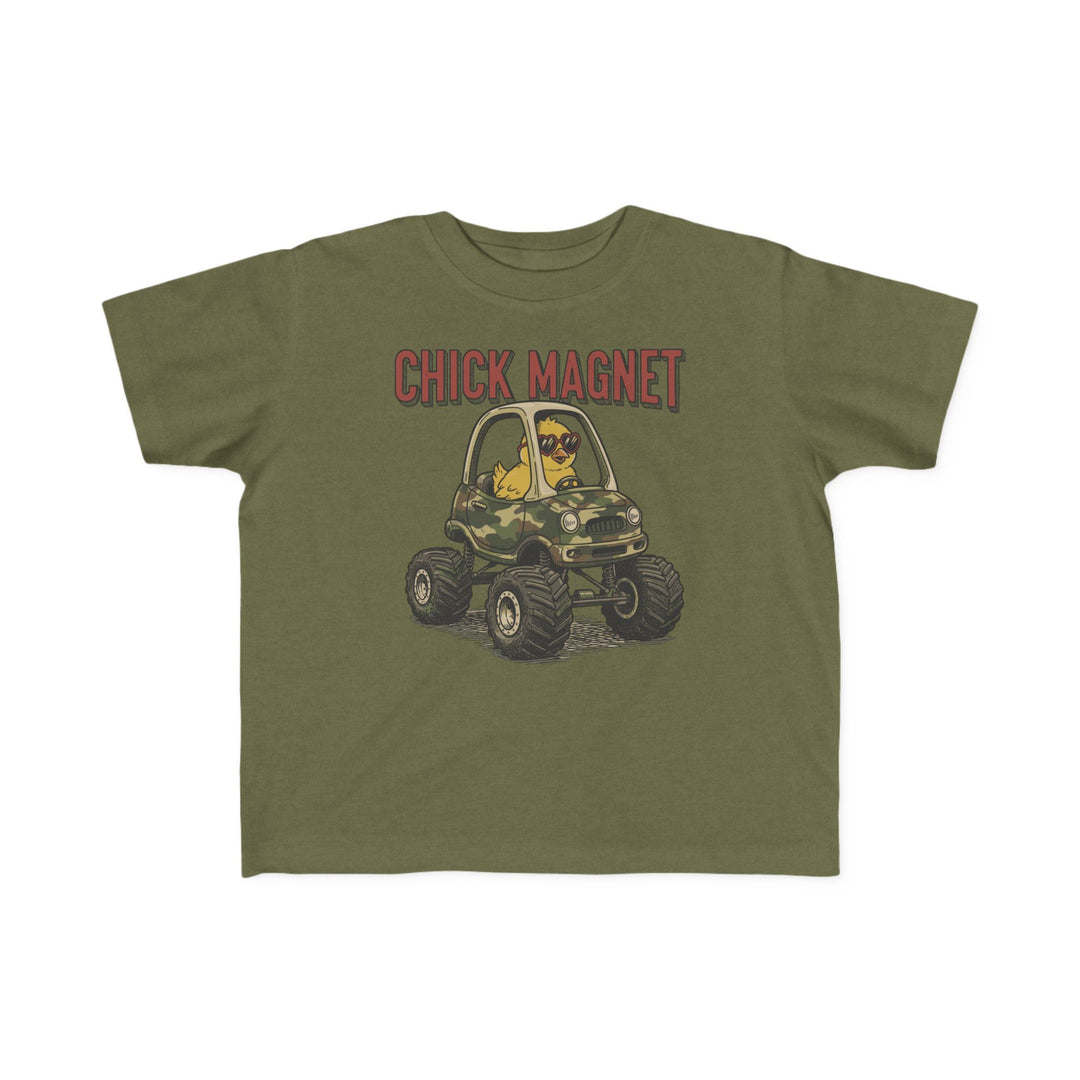 Chick Magnet Toddler Tee featuring a cute yellow chick in heart sunglasses driving a camo monster-truck, with a humorous CHICK MAGNET caption. Soft, durable, perfect for toddlers.