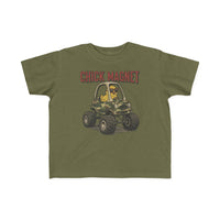 Chick Magnet Toddler Tee featuring a cute yellow chick in heart sunglasses driving a camo monster-truck, with a humorous CHICK MAGNET caption. Soft, durable, perfect for toddlers.