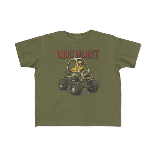 Chick Magnet Toddler Tee featuring a cute yellow chick in heart sunglasses driving a camo monster-truck, with a humorous CHICK MAGNET caption. Soft, durable, perfect for toddlers.
