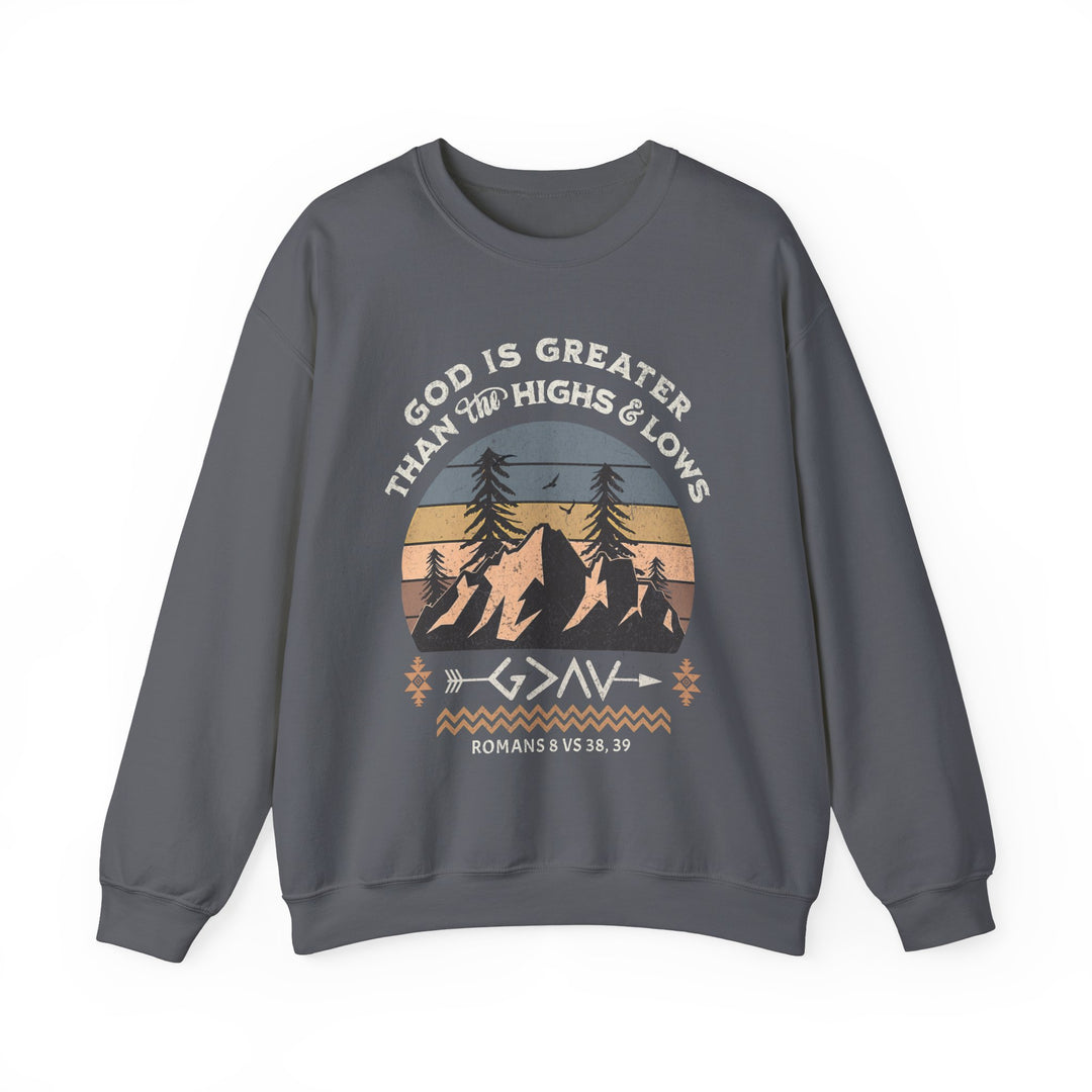 God Is Greater Crew sweatshirt featuring a mountain and bird graphic design, ribbed knit collar, made from a polyester-cotton blend for comfort and durability.