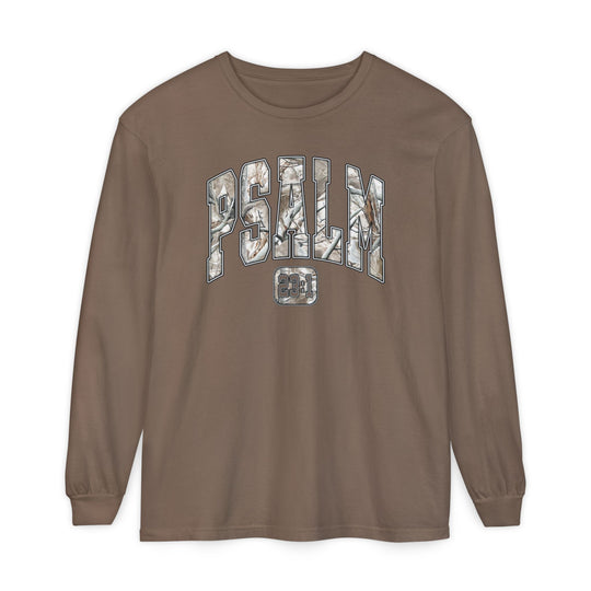 Psalm 23 Long Sleeve Tee featuring PSALM in camouflage block letters and 23:1 graphic, offering a relaxed fit with ribbed cuffs, made from soft, garment-dyed cotton.