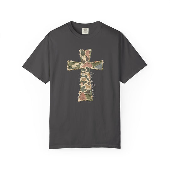 He is Risen Distressed Tee featuring a camouflage patchwork cross and cursive inscription on a dark-charcoal, short-sleeve Comfort Colors T-shirt.