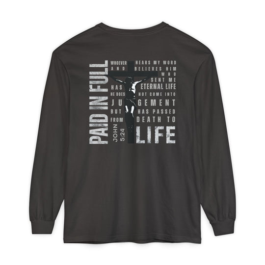 Paid in Full Long Sleeve Tee featuring a silhouette of Jesus on the cross with John 5:24 quote, offering comfort and style in 100% cotton.