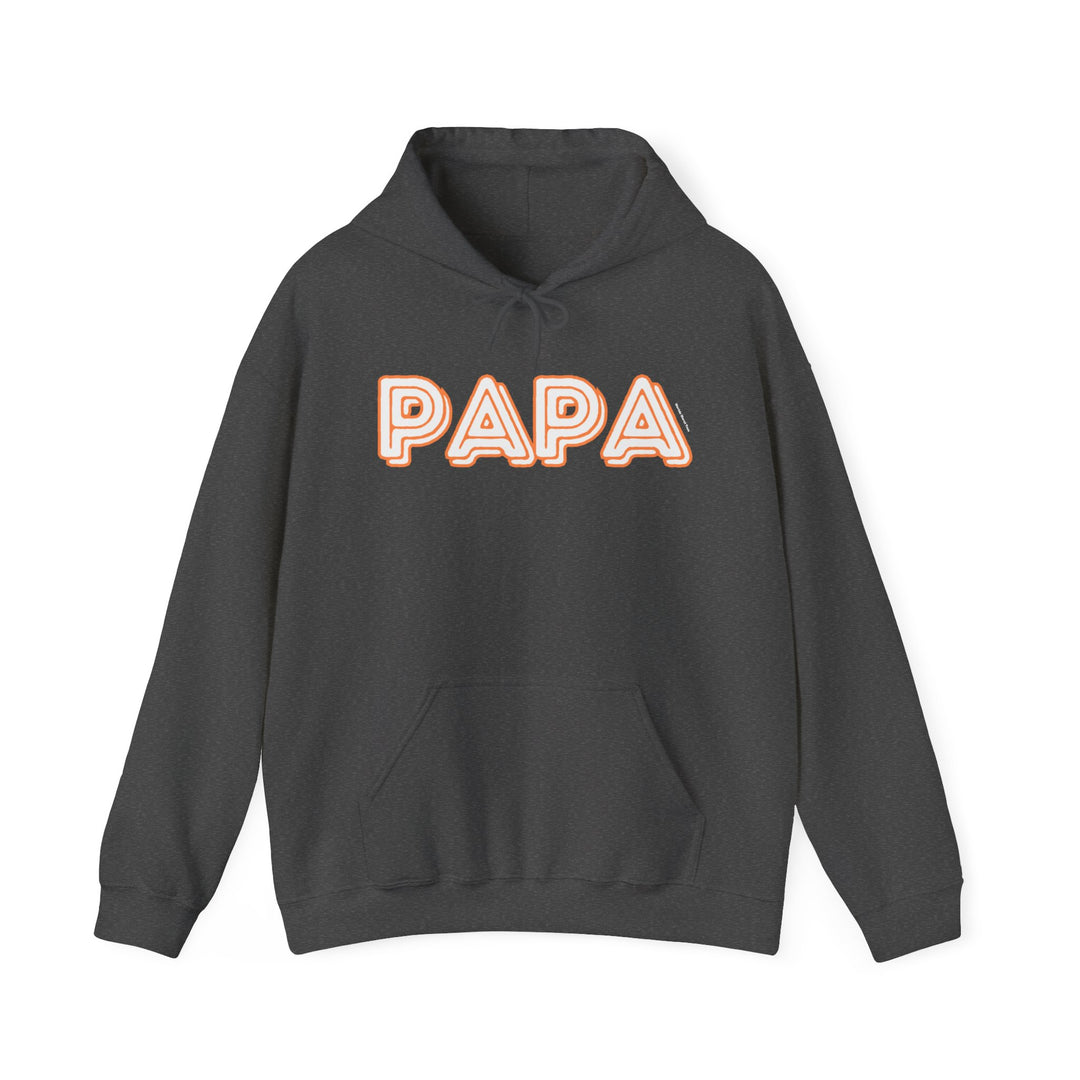A black Papa Hoodie sweatshirt with white text, featuring a kangaroo pocket and drawstring hood. Made of 50% cotton and 50% polyester, providing warmth and comfort for cold days. Classic fit, tear-away label, and true-to-size.