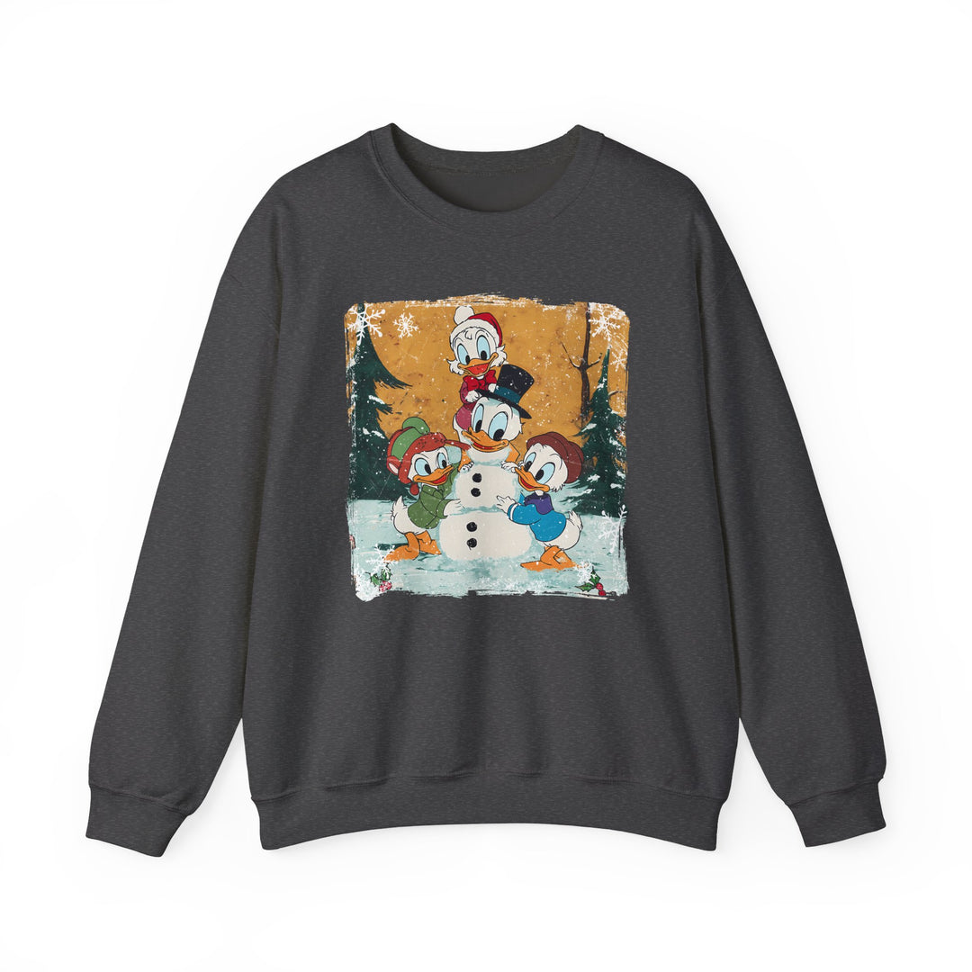 Duck Snowmen Crew sweatshirt featuring Donald Duck's family building a snowman in a winter scene, perfect for cozy, stylish wear with durable, comfortable fit.