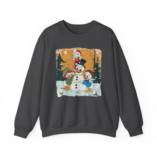 Duck Snowmen Crew sweatshirt featuring Donald Duck's family building a snowman in a winter scene, perfect for cozy, stylish wear with durable, comfortable fit.