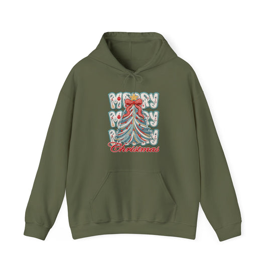 Olive-green Merry Christmas Tree Hoodie featuring festive embroidery, front kangaroo pocket, and drawstring hood, perfect for cozy, stylish winter wear.