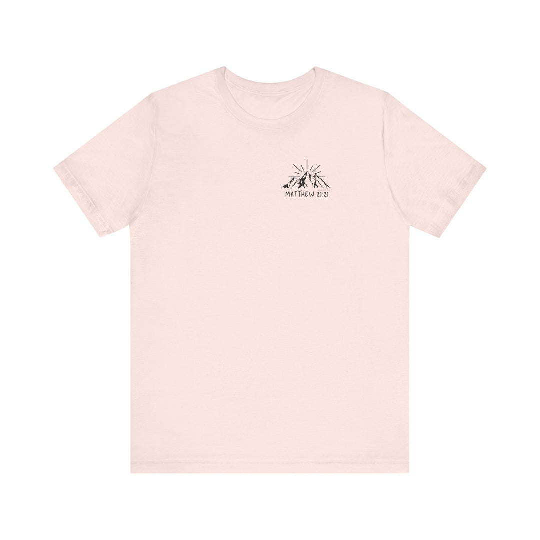 A white t-shirt featuring a logo with mountains and sun, embodying the title Faith Can Move Mountains Tee from Worlds Worst Tees. Unisex jersey tee with ribbed knit collars, 100% Airlume combed cotton, and retail fit.