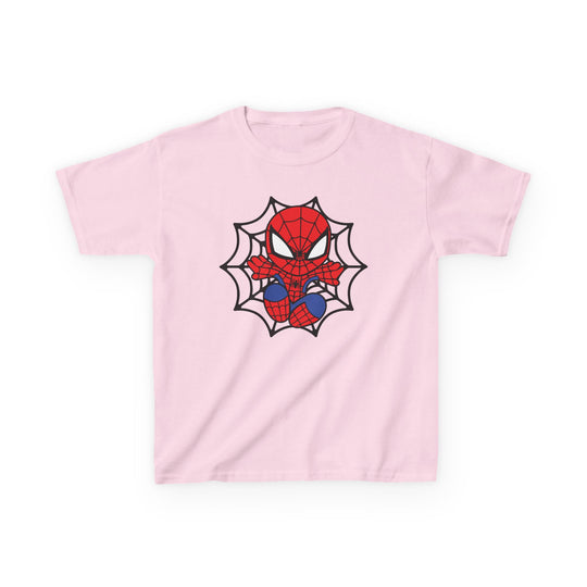 Light pink Spider Kid Kids Tee featuring a chibi Spider-Man in classic costume, crouched within a black web, made from durable, soft, 100% cotton.