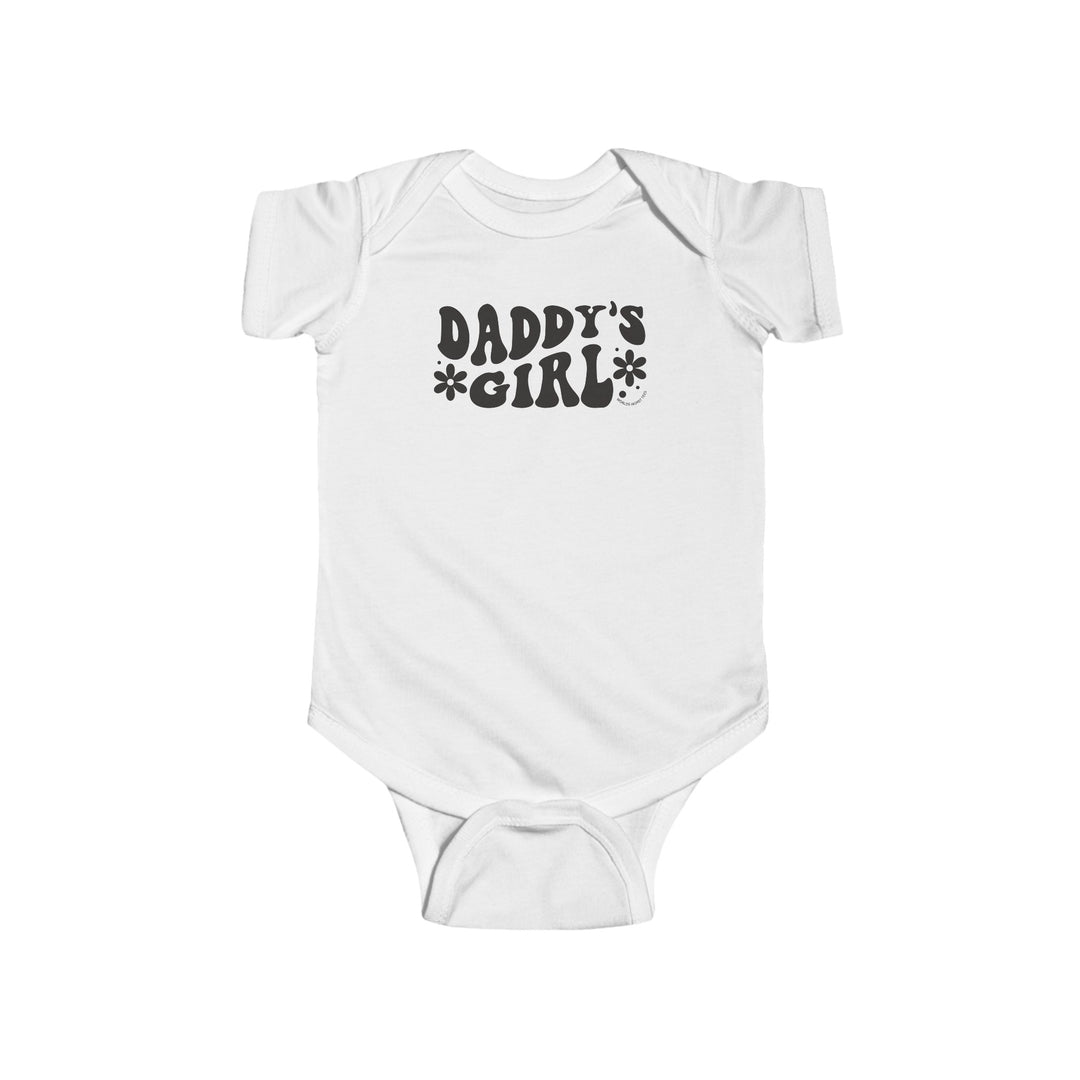 A durable and soft Daddy's Girl Onesie for infants, featuring black text on a white bodysuit. Made of 100% cotton, with ribbed knitting for durability and plastic snaps for easy changing. From Worlds Worst Tees.