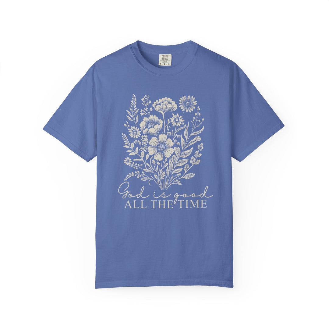 God is Good All the Time Tee, a relaxed fit, 100% ring-spun cotton shirt, offering durability with double-needle stitching and a classic crew neckline.