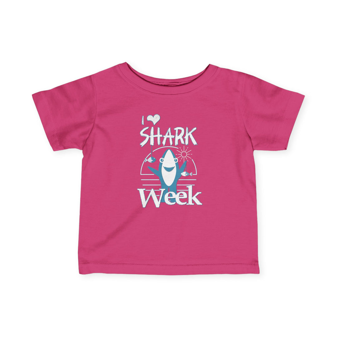 I Love Shark Week Baby Tee featuring durable fabric, side seams, ribbed knitting, and taped shoulders, perfect for toddlers. Available in various sizes for a comfortable fit.