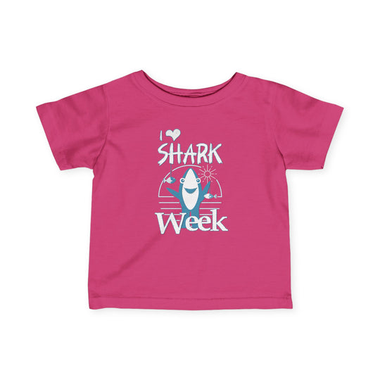 I Love Shark Week Baby Tee featuring durable fabric, side seams, ribbed knitting, and taped shoulders, perfect for toddlers. Available in various sizes for a comfortable fit.