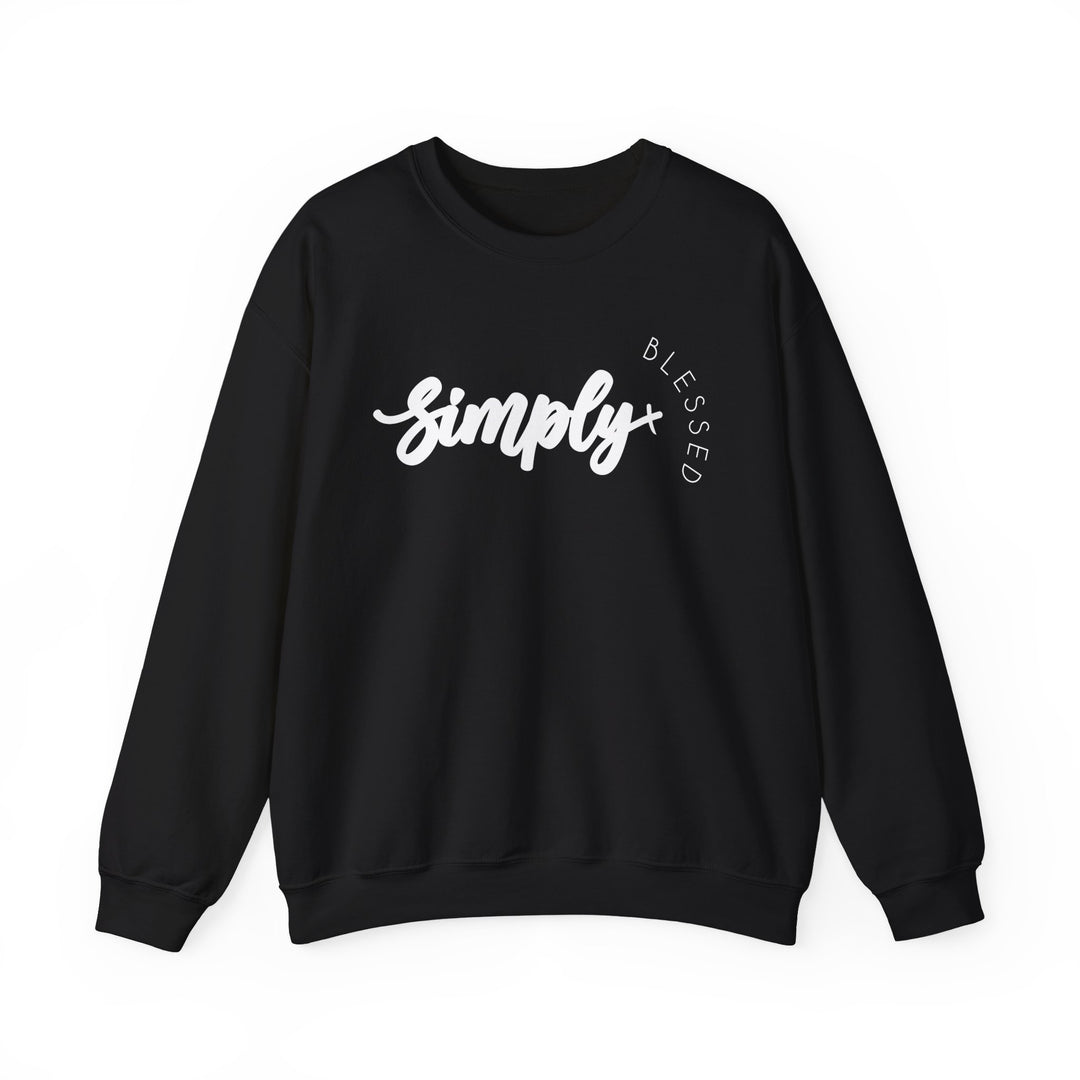 Simply Blessed Crew: A black sweatshirt with Simply Blessed in white text, featuring a comfortable unisex design with ribbed collar and no side seams.
