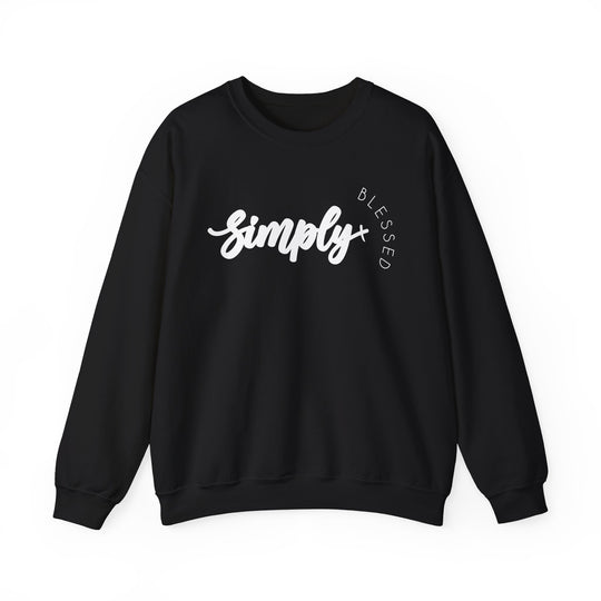 Simply Blessed Crew: A black sweatshirt with Simply Blessed in white text, featuring a comfortable unisex design with ribbed collar and no side seams.