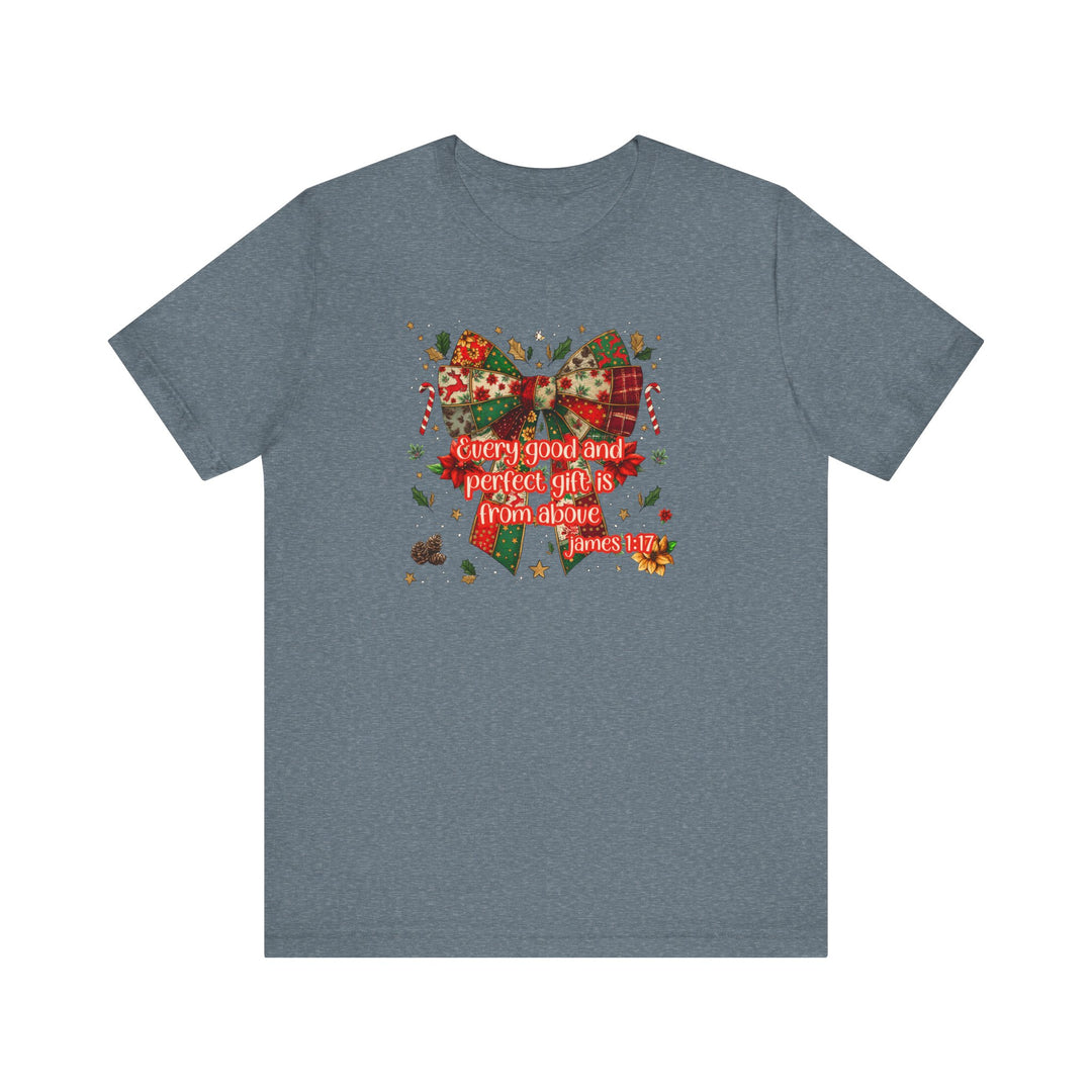 Gift from Above Tee features a patchwork holiday bow with festive elements and a scriptural quote, embodying timeless charm and comfort from Faith Family Designs.
