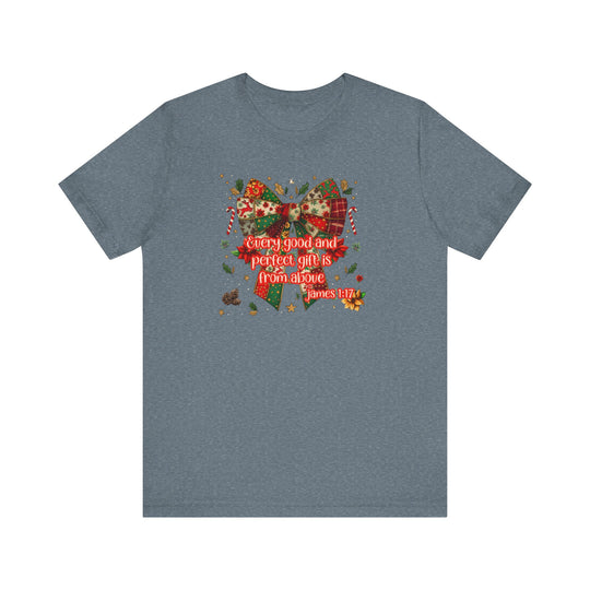 Gift from Above Tee features a patchwork holiday bow with festive elements and a scriptural quote, embodying timeless charm and comfort from Faith Family Designs.