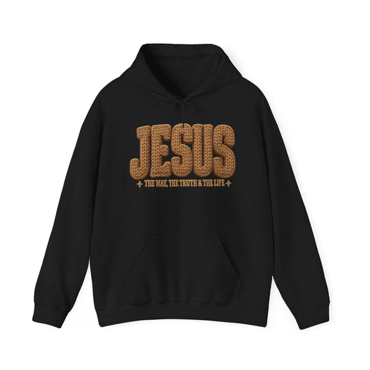 Black hoodie with JESUS in chunky knit style, featuring THE WAY, THE TRUTH & THE LIFE text, kangaroo pocket, and drawstring hood.