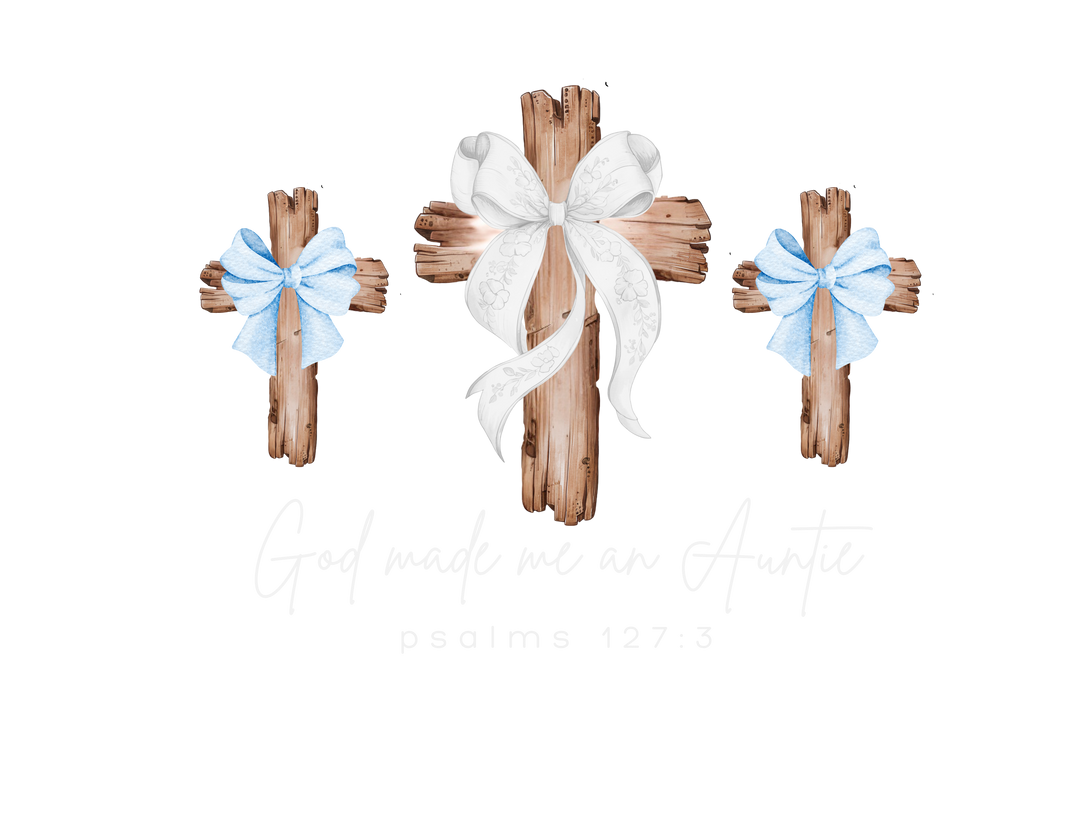 God Made Me a Boy Auntie Tee features three rustic crosses with bows, handwritten text, and scripture, ideal for expressing faith and family connections.