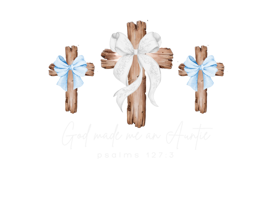 God Made Me a Boy Auntie Tee features three rustic crosses with bows, handwritten text, and scripture, ideal for expressing faith and family connections.