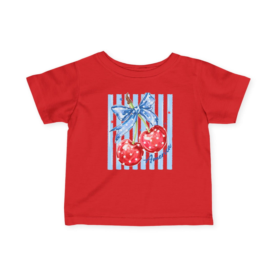 American Cherry Baby Tee featuring a patriotic cherry design with a blue star-spangled bow on red-and-white stripes, perfect for infants with durable, soft cotton comfort.