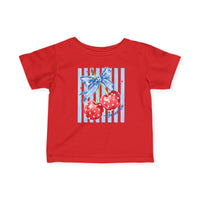 American Cherry Baby Tee featuring a patriotic cherry design with a blue star-spangled bow on red-and-white stripes, perfect for infants with durable, soft cotton comfort.
