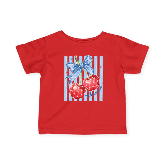 American Cherry Baby Tee featuring a patriotic cherry design with a blue star-spangled bow on red-and-white stripes, perfect for infants with durable, soft cotton comfort.