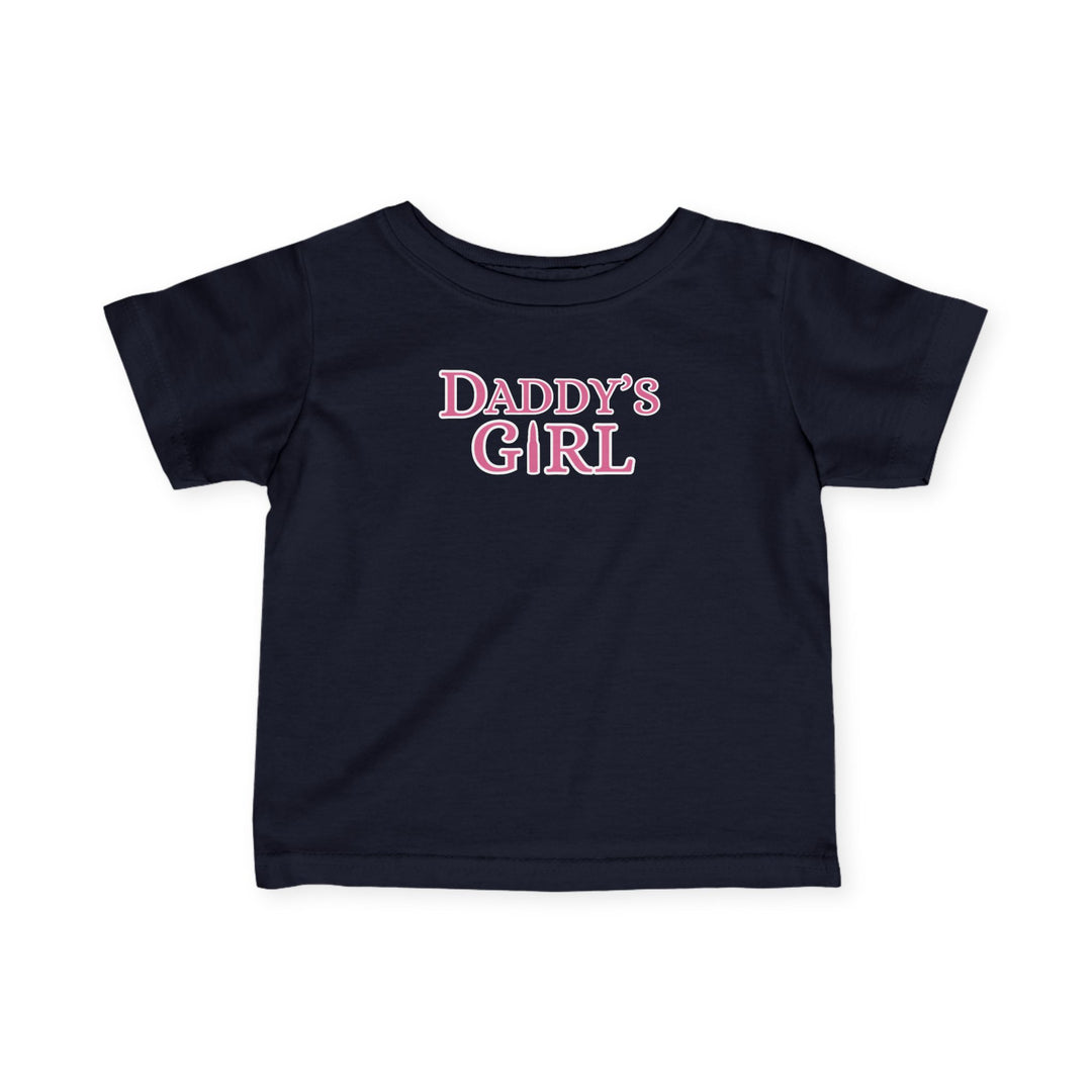 Close-up of the black Daddy's Girl Baby Tee with pink writing, showcasing its toddler-friendly design and durable ribbed knitting for comfort.