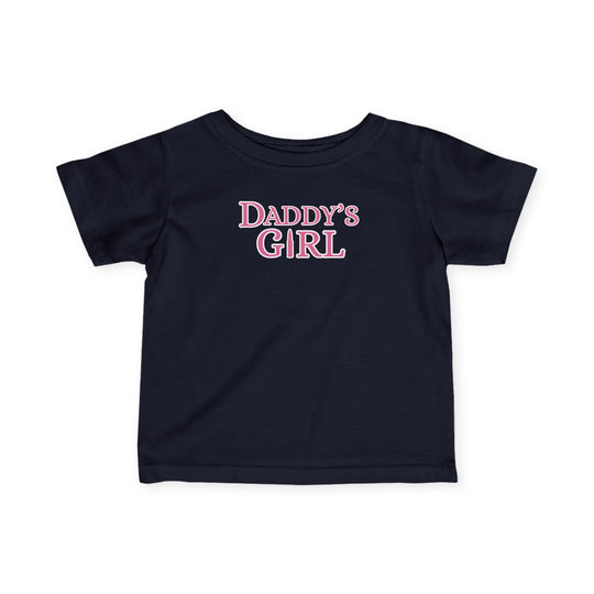 Close-up of the black Daddy's Girl Baby Tee with pink writing, showcasing its toddler-friendly design and durable ribbed knitting for comfort.