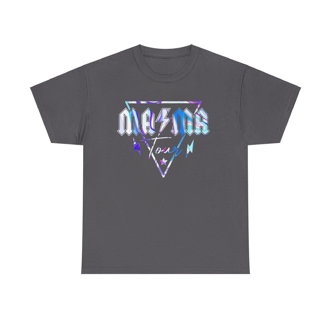 Unisex Ma/Ma Band Tee: Grey t-shirt with graphic logo. No side seams for comfort, tape on shoulders for durability. Ribbed knit collar for shape retention. Classic fit, 100% cotton. Sizes S-5XL.