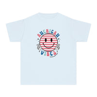 American Vibes Youth Tee: A white kid's t-shirt featuring a smiley face logo and hands. Made of 100% combed ringspun cotton for comfort and agility, perfect for study or playtime.