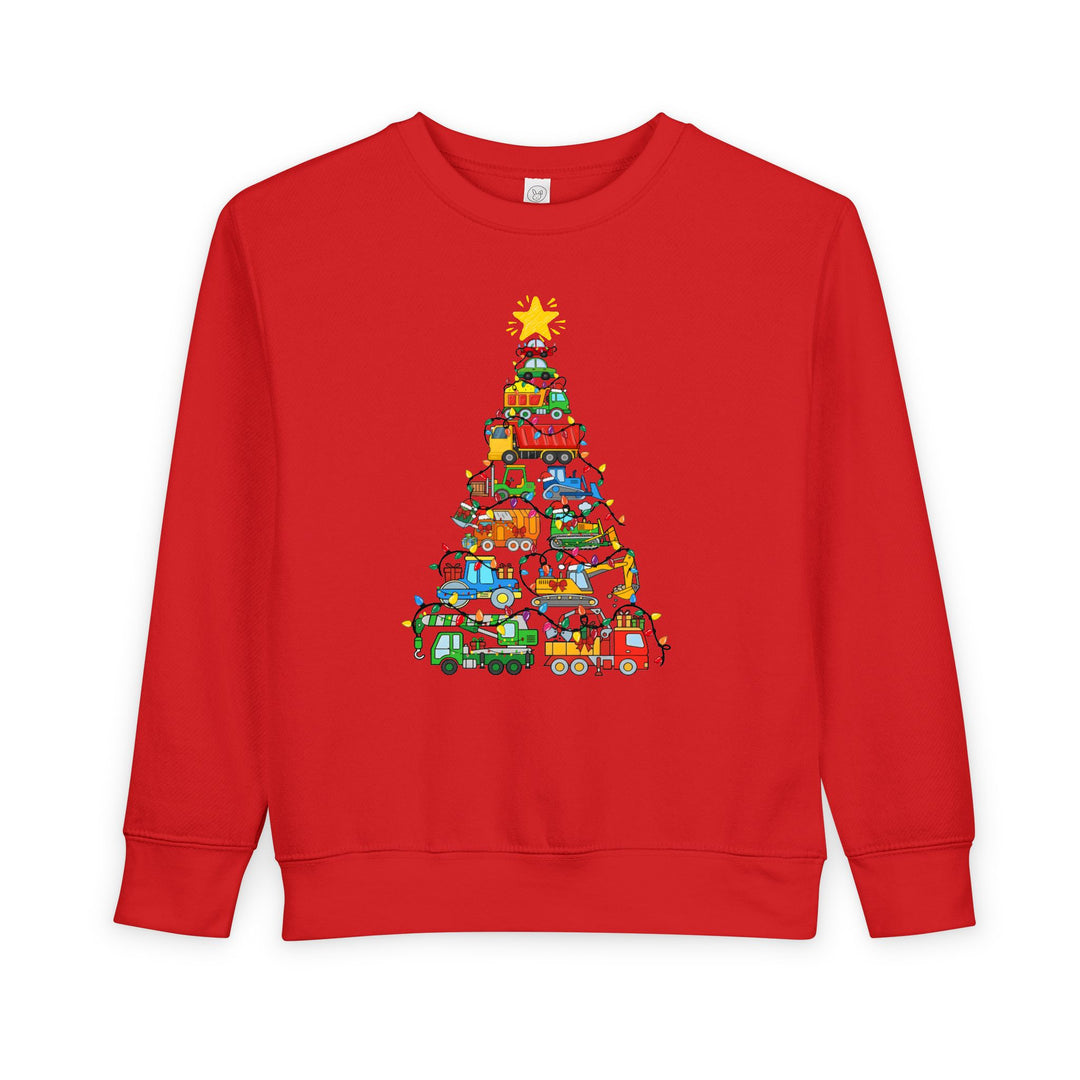Christmas Truck Toddler Crew: Red sweatshirt with construction vehicles forming a Christmas tree, adorned with holiday lights and a star, designed for warmth and comfort.