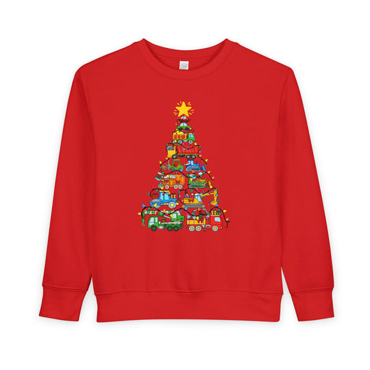 Christmas Truck Toddler Crew: Red sweatshirt with construction vehicles forming a Christmas tree, adorned with holiday lights and a star, designed for warmth and comfort.