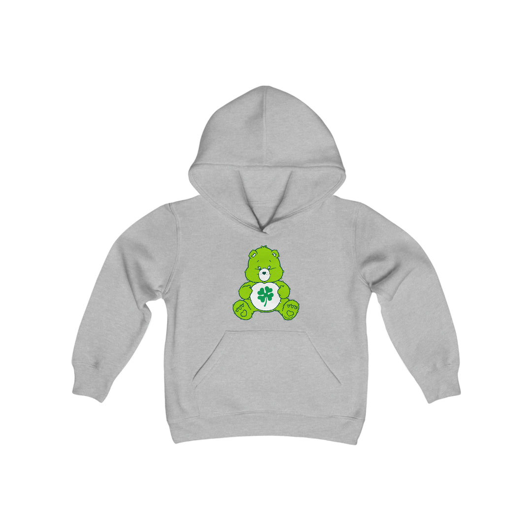 Youth Lucky Bear Hoodie: Grey hoodie featuring a green bear with a clover. Soft, preshrunk fleece blend, kangaroo pocket, reinforced neck. 50% cotton, 50% polyester. Regular fit. Sizes S-XL.