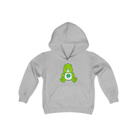 Youth Lucky Bear Hoodie: Grey hoodie featuring a green bear with a clover. Soft, preshrunk fleece blend, kangaroo pocket, reinforced neck. 50% cotton, 50% polyester. Regular fit. Sizes S-XL.