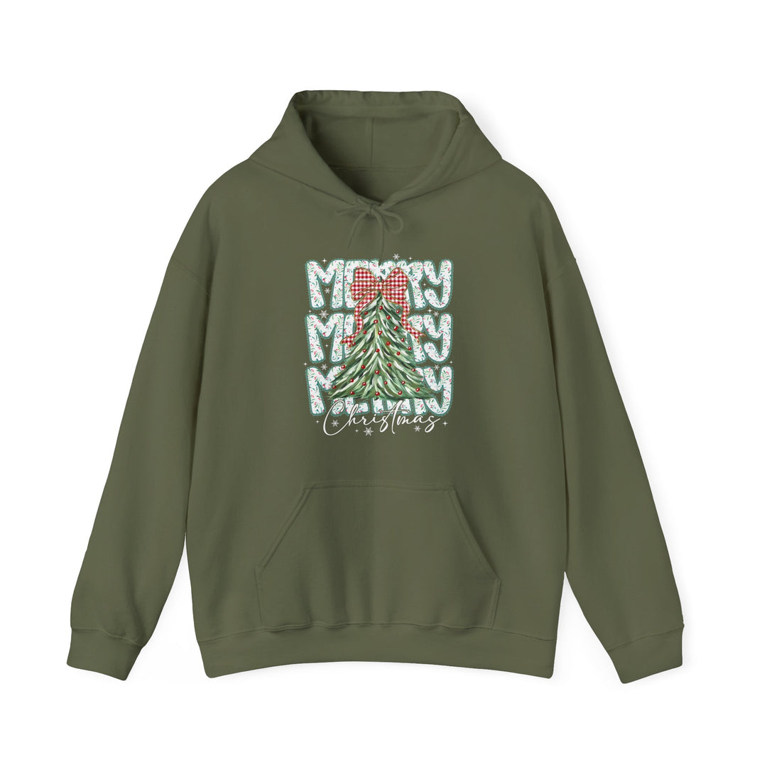 Olive-green Merry Christmas hoodie with festive candy-stripe lettering, Christmas tree graphic, and kangaroo pocket, perfect for seasonal warmth and comfort.