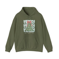 Olive-green Merry Christmas hoodie with festive candy-stripe lettering, Christmas tree graphic, and kangaroo pocket, perfect for seasonal warmth and comfort.