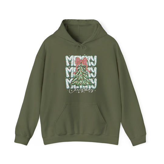 Olive-green Merry Christmas hoodie with festive candy-stripe lettering, Christmas tree graphic, and kangaroo pocket, perfect for seasonal warmth and comfort.