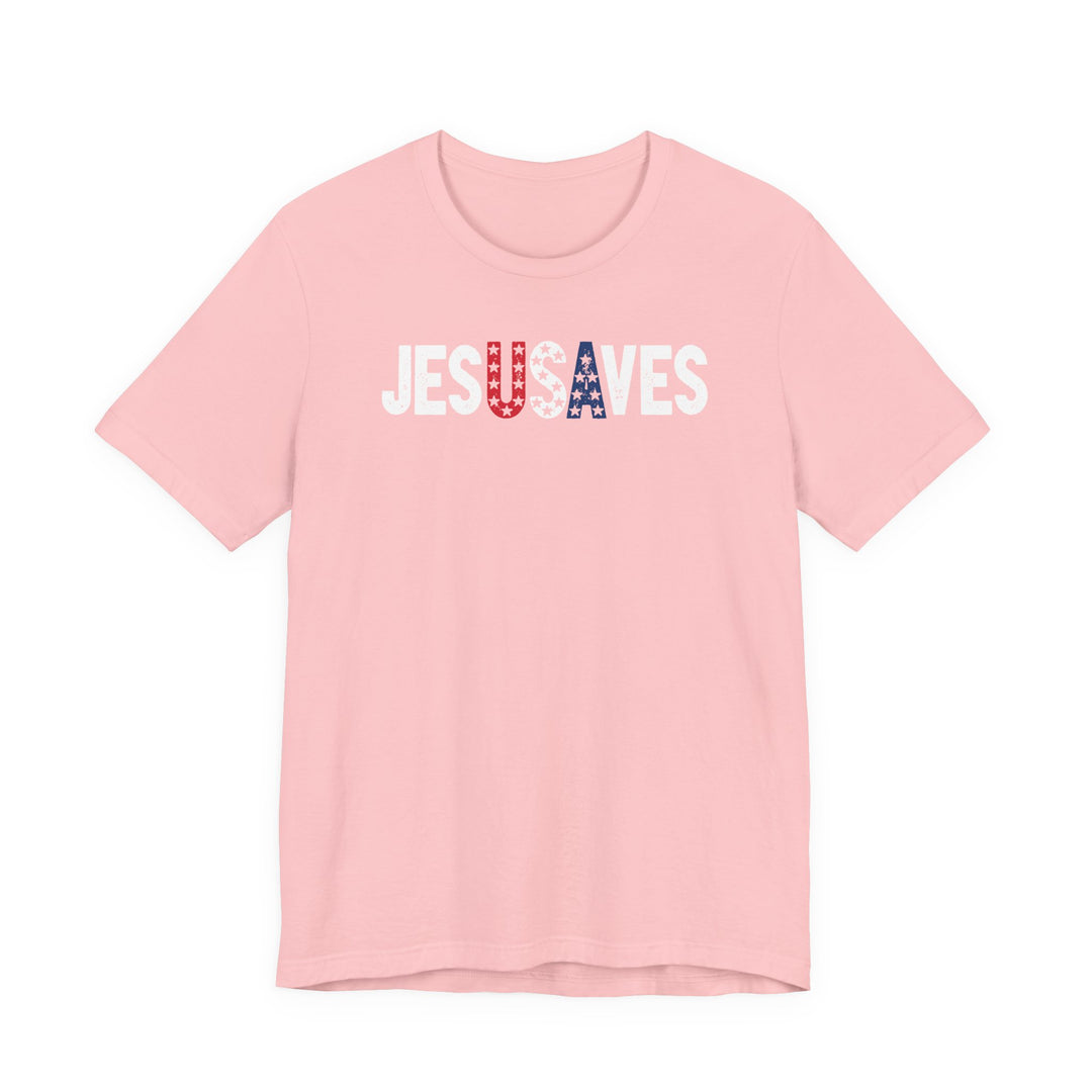 Pale-pink Jes usa ves Tee with JESUS SAVES slogan, featuring stars-and-stripes motif, short sleeves, and classic unisex fit from Faith Family Designs.