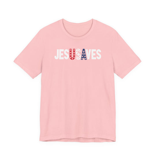 Pale-pink Jes usa ves Tee with JESUS SAVES slogan, featuring stars-and-stripes motif, short sleeves, and classic unisex fit from Faith Family Designs.