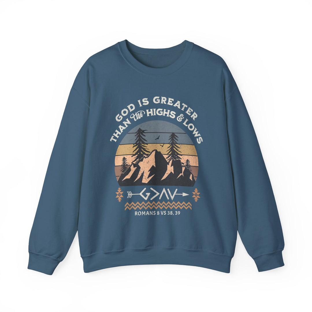 God Is Greater Crew: Blue sweatshirt with a graphic design featuring a black tree and mountain, made of polyester-cotton blend for comfort and durability.