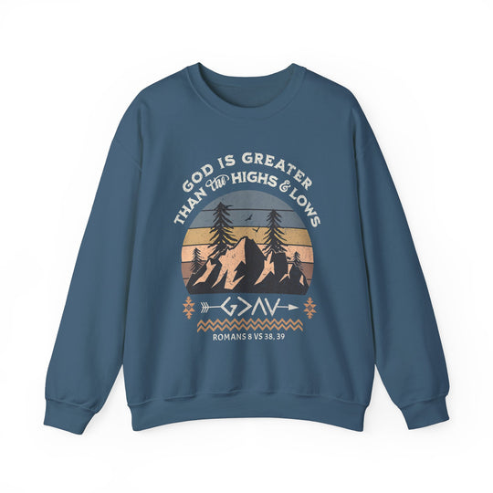 God Is Greater Crew: Blue sweatshirt with a graphic design featuring a black tree and mountain, made of polyester-cotton blend for comfort and durability.