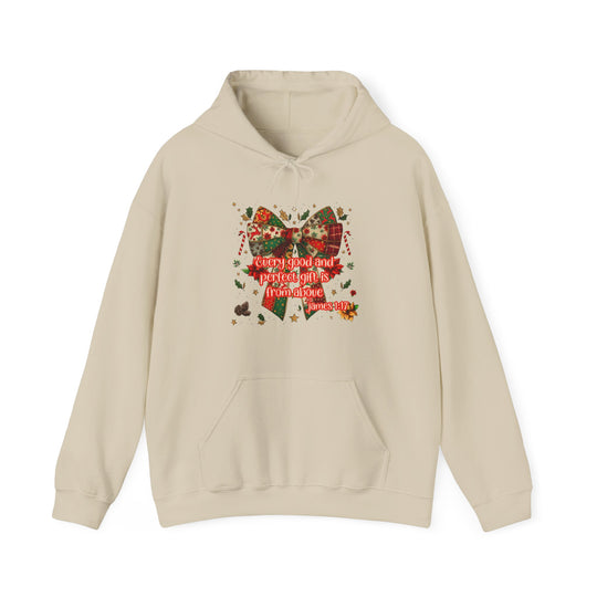 Gift from Above Hoodie featuring a festive Christmas graphic with a bow and holly leaves, perfect for cozy winter days.